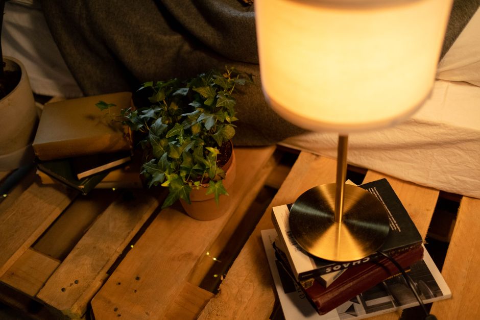 A cozy indoor scene with a lamp, potted plant, and books on a wooden pallet table.