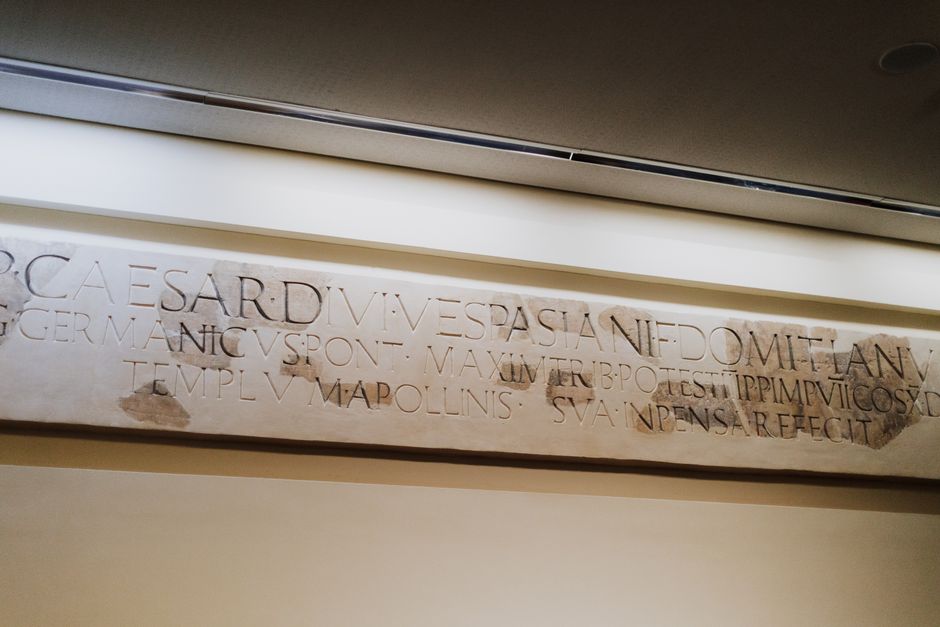 Stone inscription from ancient Rome captured at Delphi Museum, Greece.