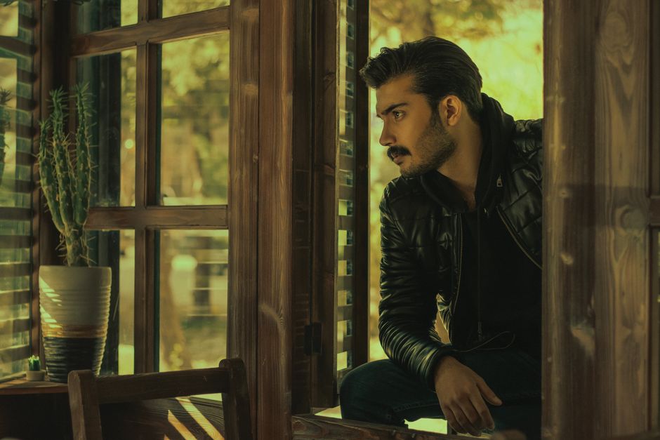 A stylish man with facial hair gazes thoughtfully out of a wooden-framed window.